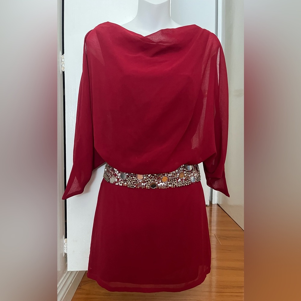 Caribbean Queen Red Long Sleeve Dress with Embellished Waist